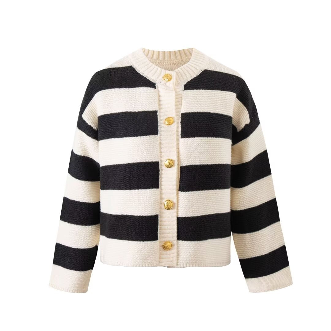 Round Neck Gold Button Bold Stripes Long Sleeve Knitted Cardigan