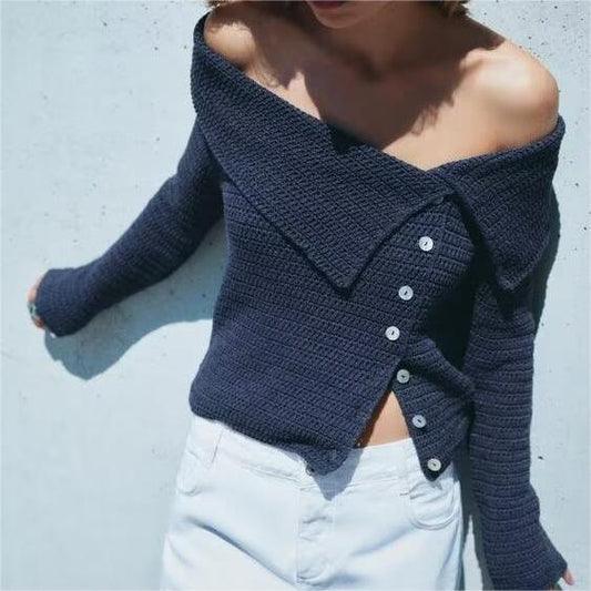 Asymmetric Collar Side Button Design Sweater Top