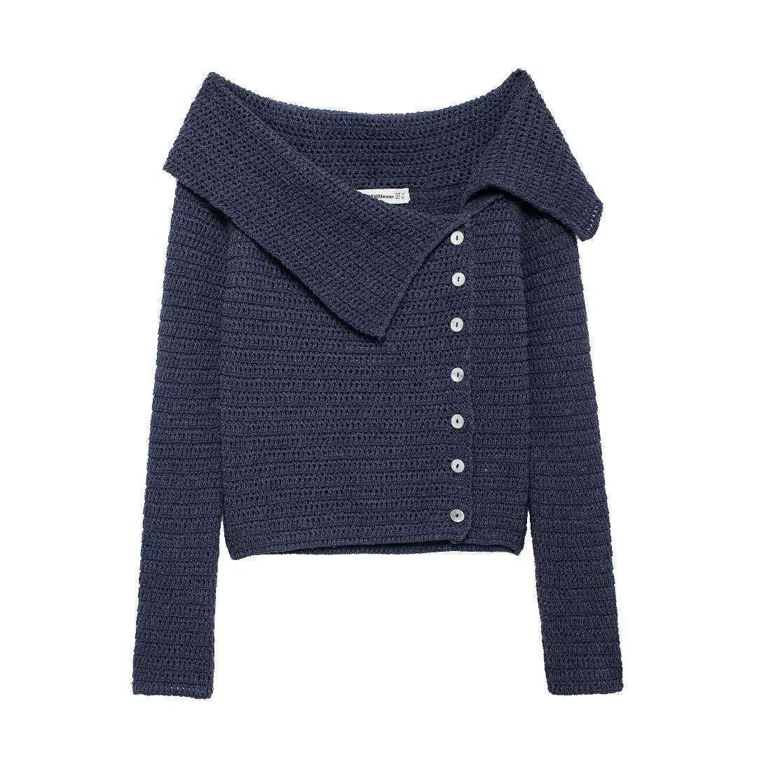 Asymmetric Collar Side Button Design Sweater Top