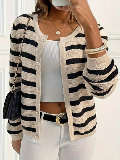 Striped Knitted Button Round Neck Cardigan