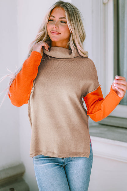 Contrast Color Pullover Turtleneck Sweater