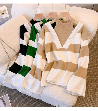 Chic Retro Halter Off Shoulder Striped Long Sleeve Knitted Sweater