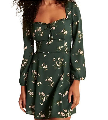 Sexy Print Pleated Lace Lantern Sleeve Dress