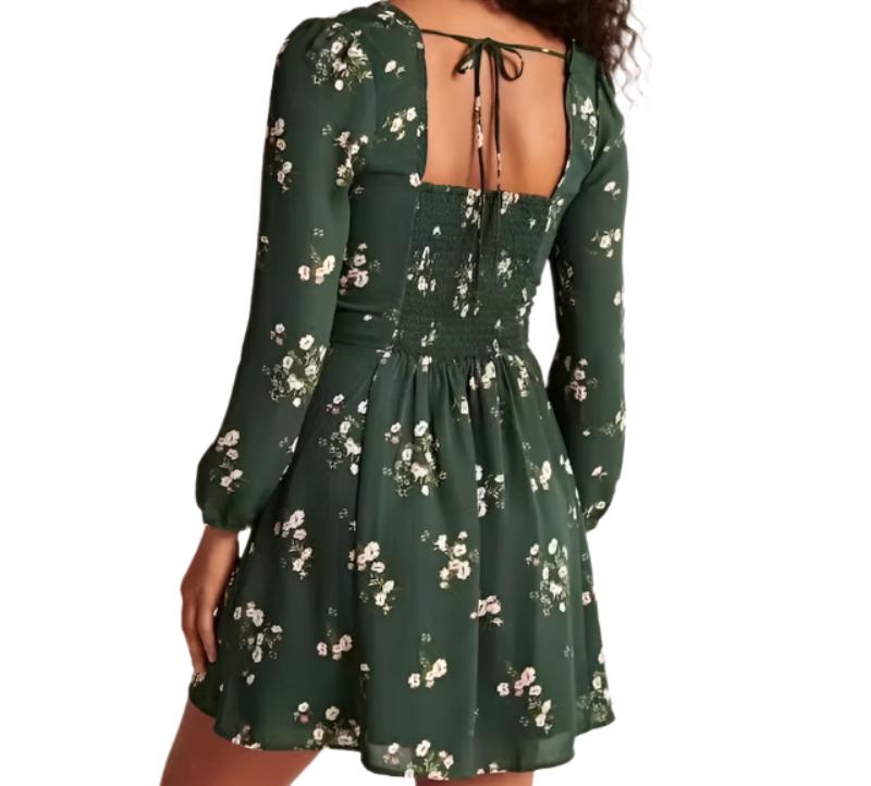 Sexy Print Pleated Lace Lantern Sleeve Dress