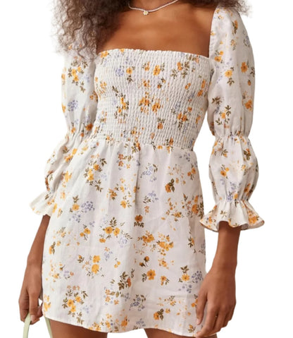 French Print Pleated Puff Sleeve Dress