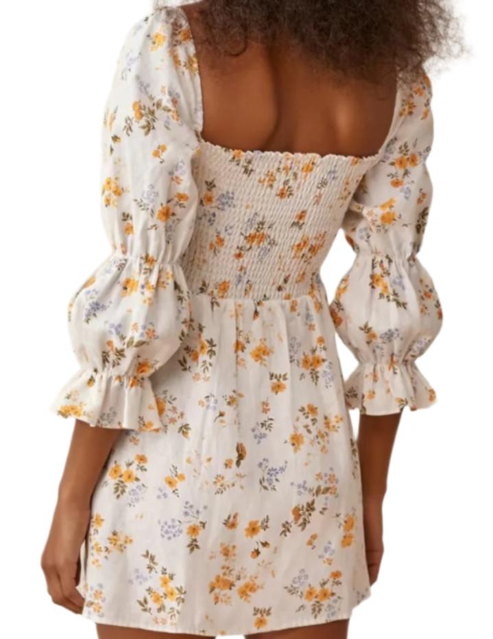 French Print Pleated Puff Sleeve Dress