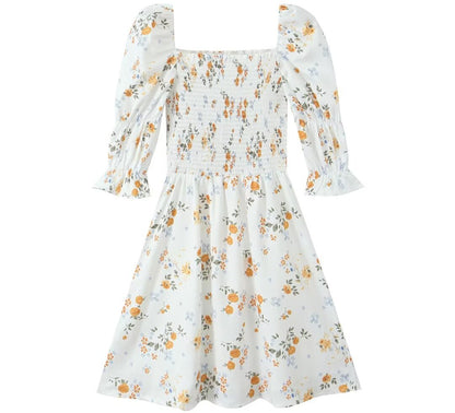 French Print Pleated Puff Sleeve Dress