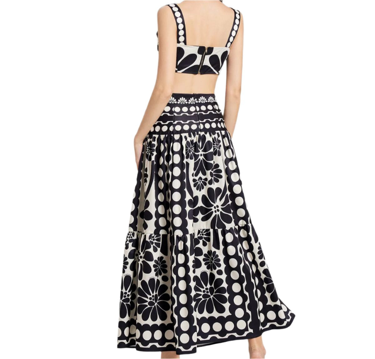 Black White Flower Camisole High Waist Skirt Two Piece Set