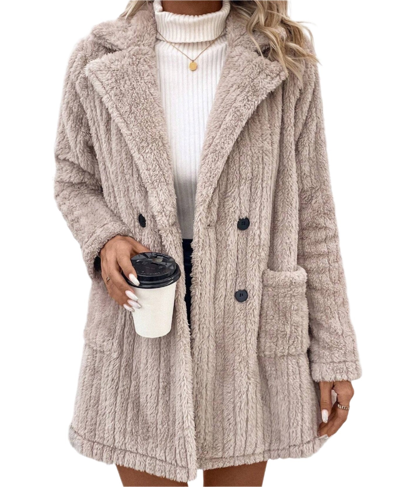 Double Sided Plush Collared Pocket Cardigan Coat