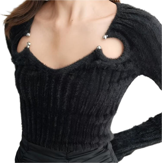 V-neck Long Sleeve Knitted Sweater Top