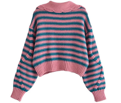 Street Striped Knitted Hoodie Pullover Sweater