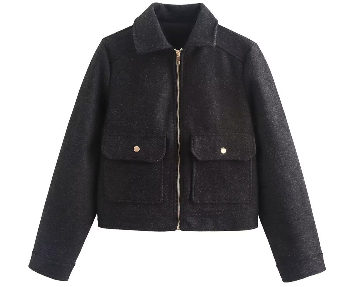 Soft Woolen Coat with Pocket Zipper