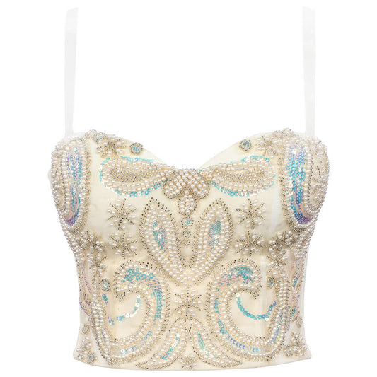 Lace bead boning corset featuring paisley pattern, sequin details, and a stylish crop design for a sexy summer look.