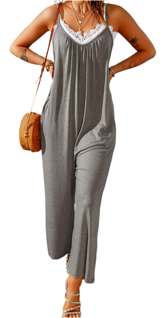 Gray Spaghetti Straps Wide Leg Pocketed Jumpsuits