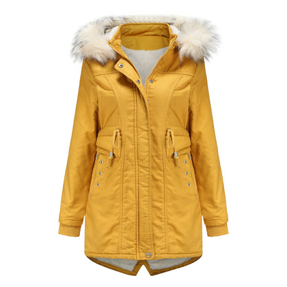 Cotton-Padded Fleece Mid-Length Detachable Hooded Fur Collar Overcoat