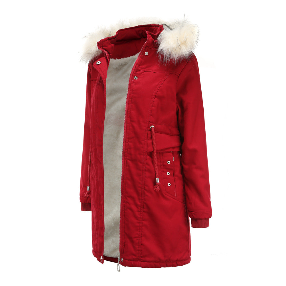 Cotton-Padded Fleece Mid-Length Detachable Hooded Fur Collar Overcoat