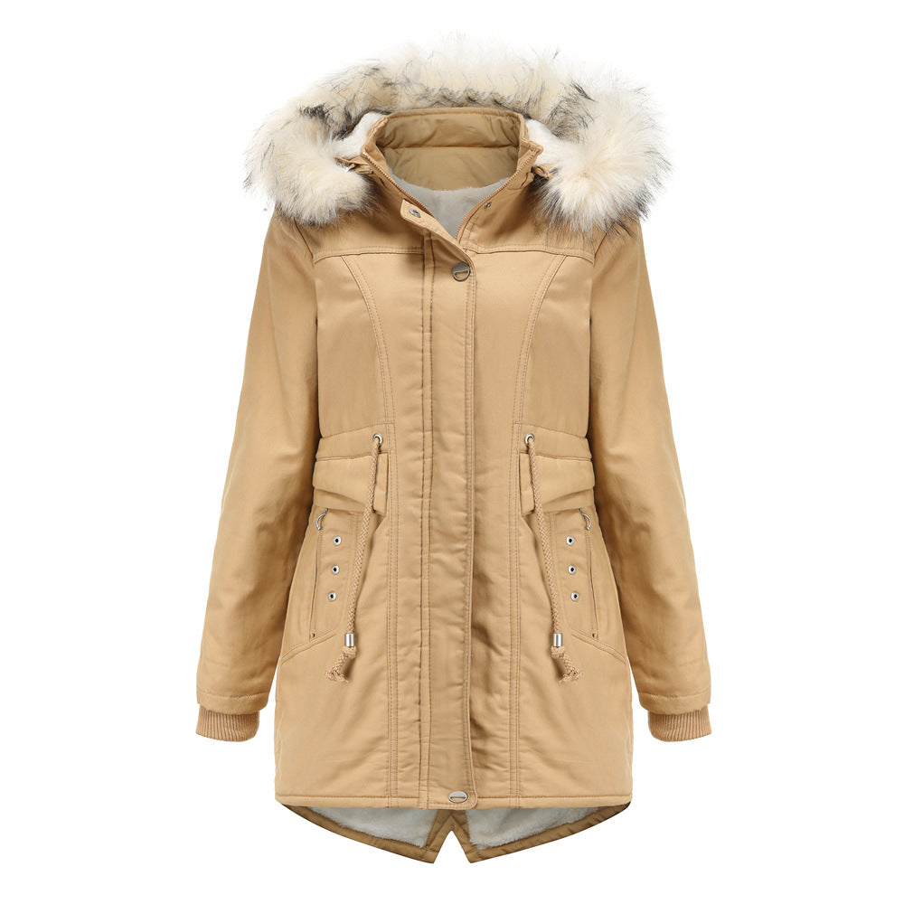 Cotton-Padded Fleece Mid-Length Detachable Hooded Fur Collar Overcoat