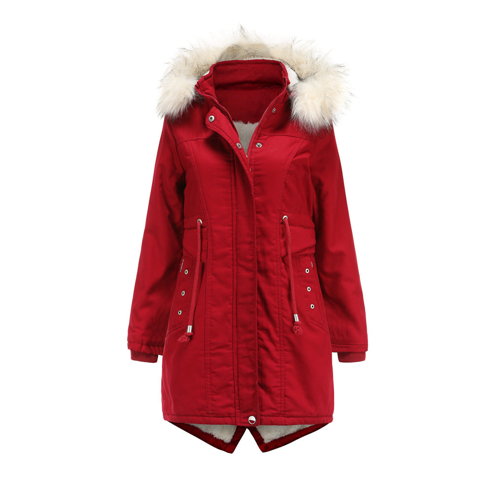 Cotton-Padded Fleece Mid-Length Detachable Hooded Fur Collar Overcoat