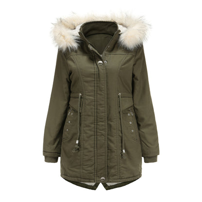 Cotton-Padded Fleece Mid-Length Detachable Hooded Fur Collar Overcoat