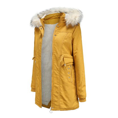 Cotton-Padded Fleece Mid-Length Detachable Hooded Fur Collar Overcoat