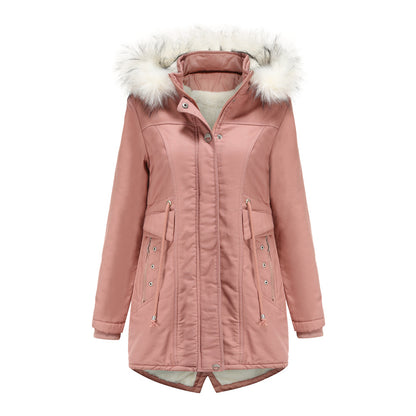 Cotton-Padded Fleece Mid-Length Detachable Hooded Fur Collar Overcoat