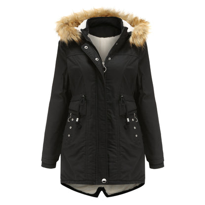 Cotton-Padded Fleece Mid-Length Detachable Hooded Fur Collar Overcoat