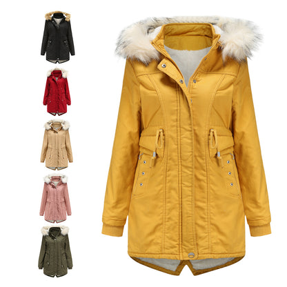 Cotton-Padded Fleece Mid-Length Detachable Hooded Fur Collar Overcoat