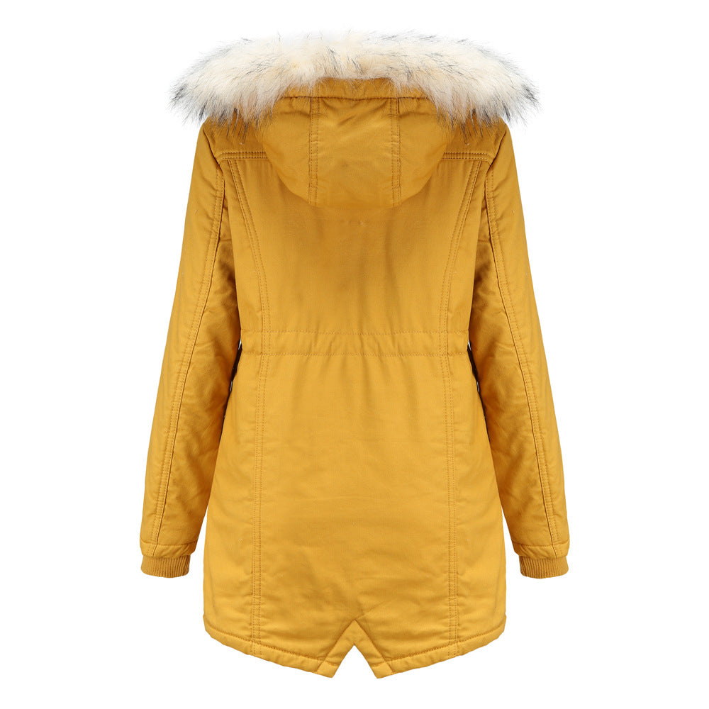 Cotton-Padded Fleece Mid-Length Detachable Hooded Fur Collar Overcoat