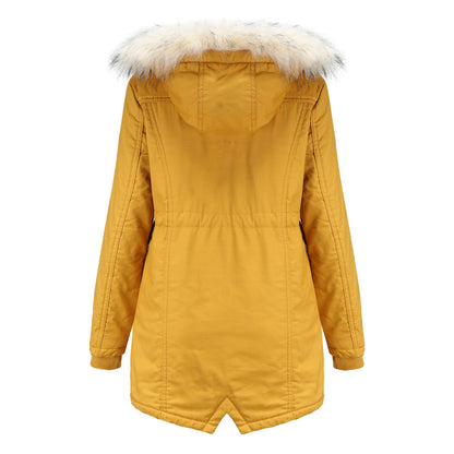 Cotton-Padded Fleece Mid-Length Detachable Hooded Fur Collar Overcoat