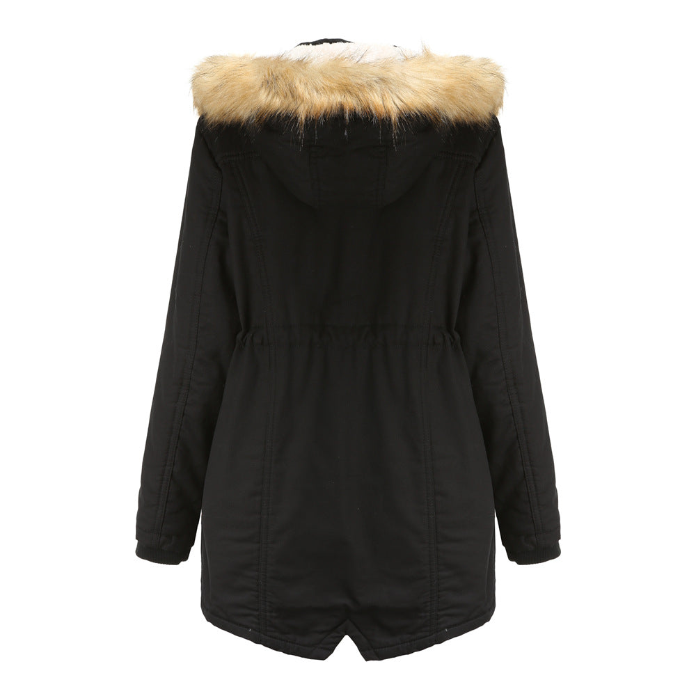 Cotton-Padded Fleece Mid-Length Detachable Hooded Fur Collar Overcoat