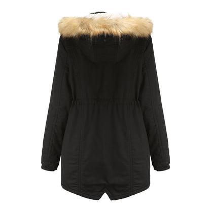 Cotton-Padded Fleece Mid-Length Detachable Hooded Fur Collar Overcoat