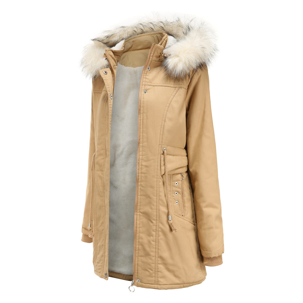 Cotton-Padded Fleece Mid-Length Detachable Hooded Fur Collar Overcoat