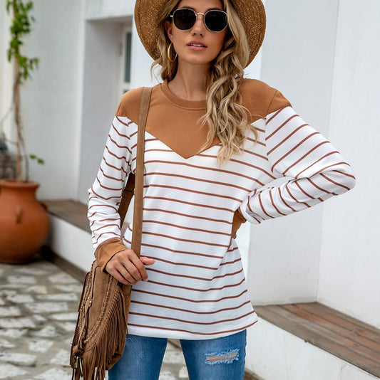 Popular Knitwear Striped Stitching Long Sleeve Shirt