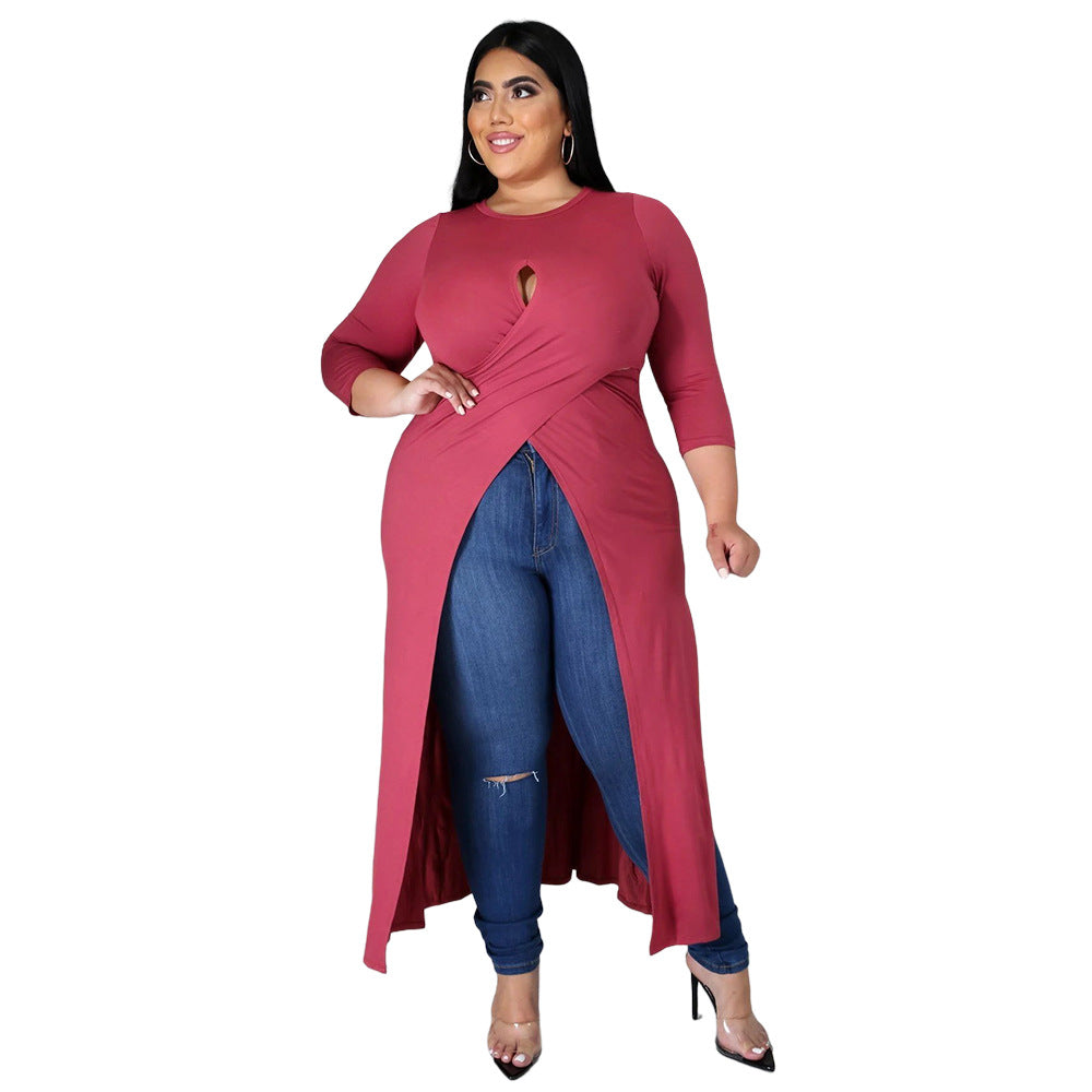 Plus Size Solid Color Sexy Hollow Cutout Split Dress Top