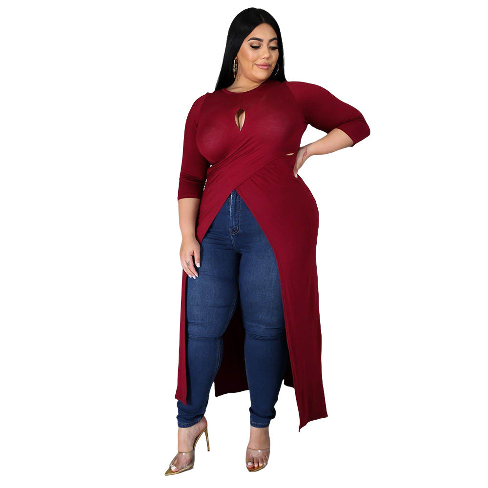 Plus Size Solid Color Sexy Hollow Cutout Split Dress Top