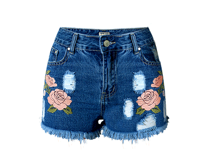 Popular Personalized Floral Embroidery Worn Tassels Slim Fit Denim Shorts