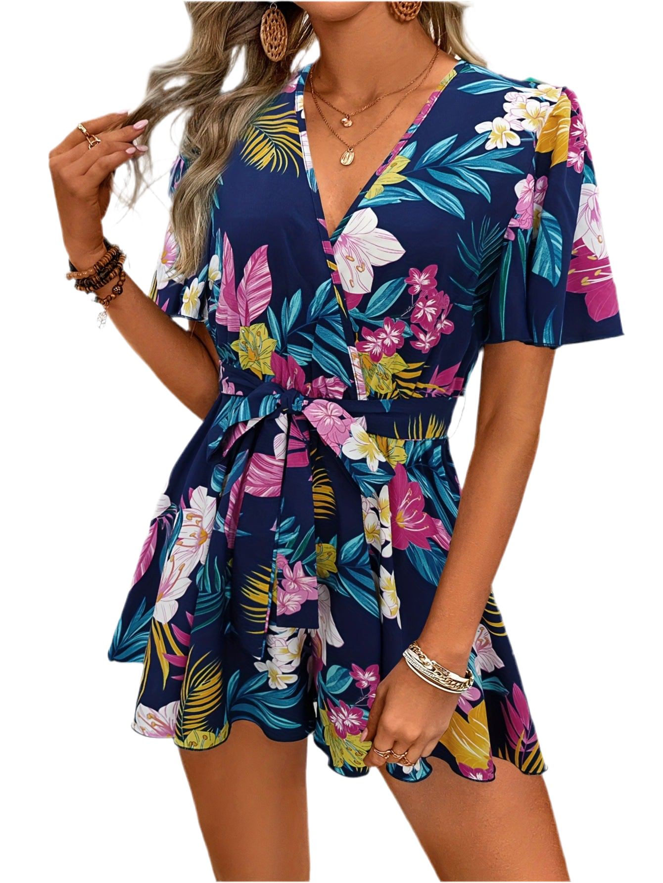 Beach Vacation Ruffle Sleeve Cross Belt Short Romper