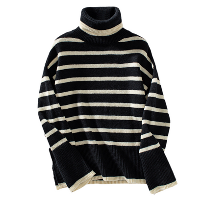 Knitting Pullover Collared Striped Turtleneck Sweater