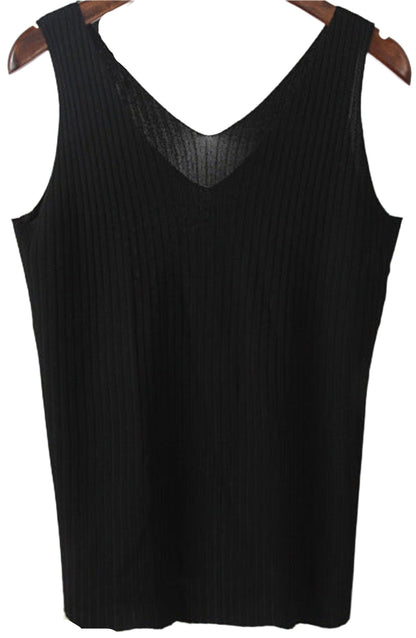 Sunken Stripe Slim Stretch Sleeveless Knitted V-Neck Top