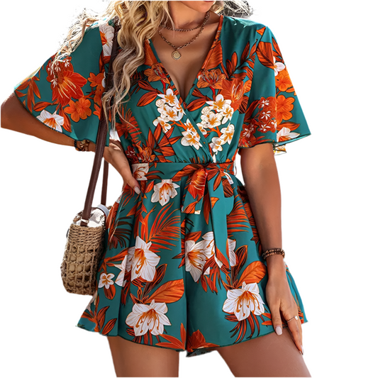 Beach Vacation Ruffle Sleeve Cross Belt Short Romper