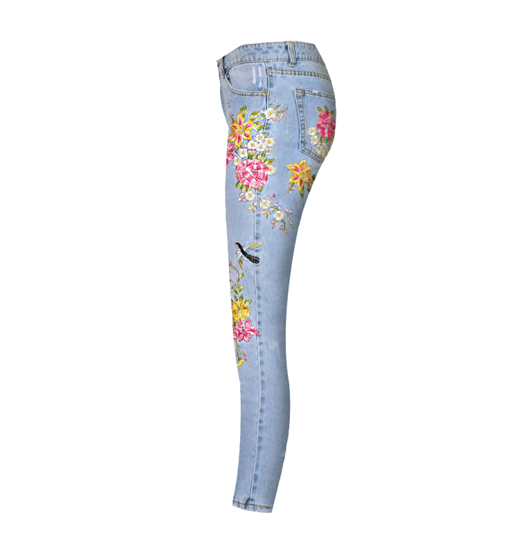 Bird Floral Front Rear Embroidered High Waist Straight Worn Jeans