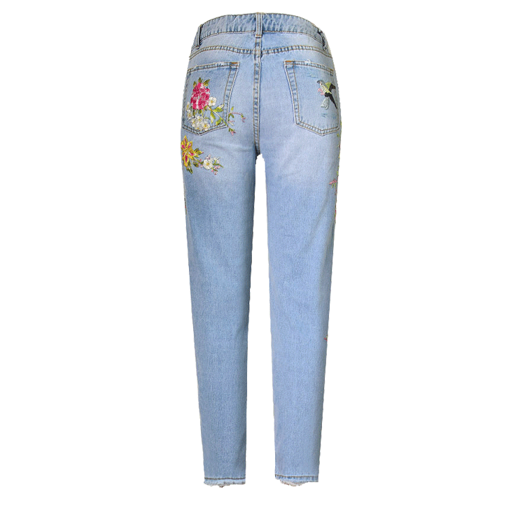 Bird Floral Front Rear Embroidered High Waist Straight Worn Jeans