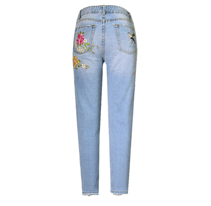 Bird Floral Front Rear Embroidered High Waist Straight Worn Jeans