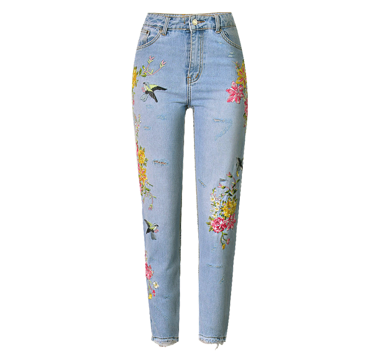 Bird Floral Front Rear Embroidered High Waist Straight Worn Jeans