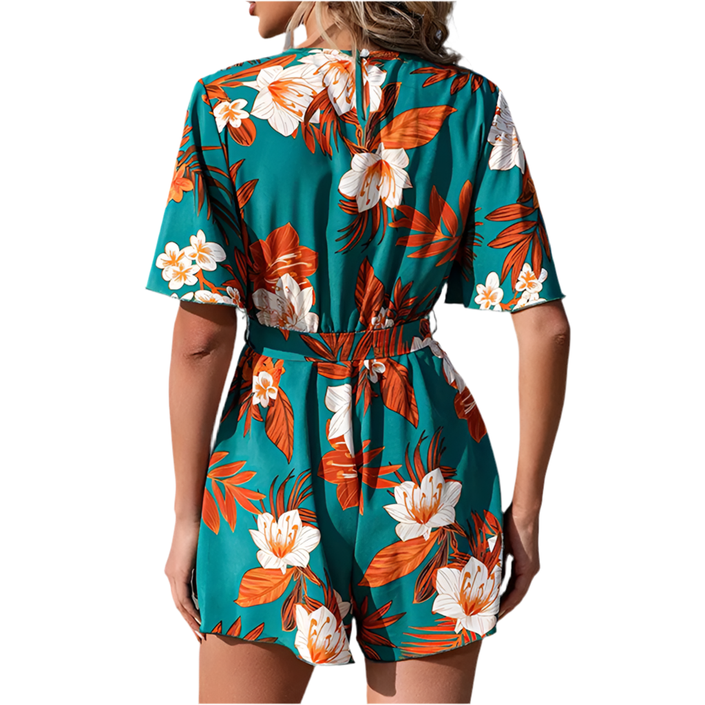 Beach Vacation Ruffle Sleeve Cross Belt Short Romper