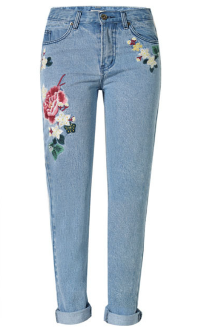 Pastoral Embroidered Rose Straight-Leg Jeans