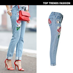 Pastoral Embroidered Rose Straight-Leg Jeans