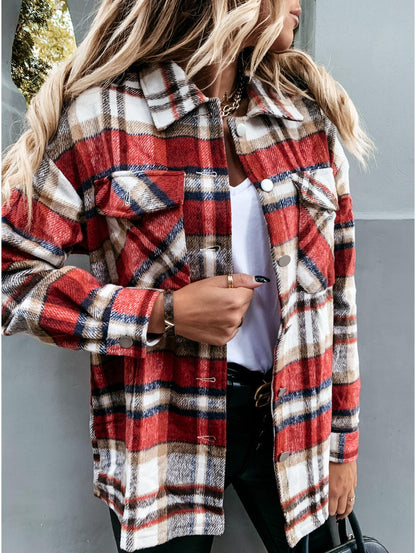 Large Pocket Loose Plaid Mid-Length Shacket