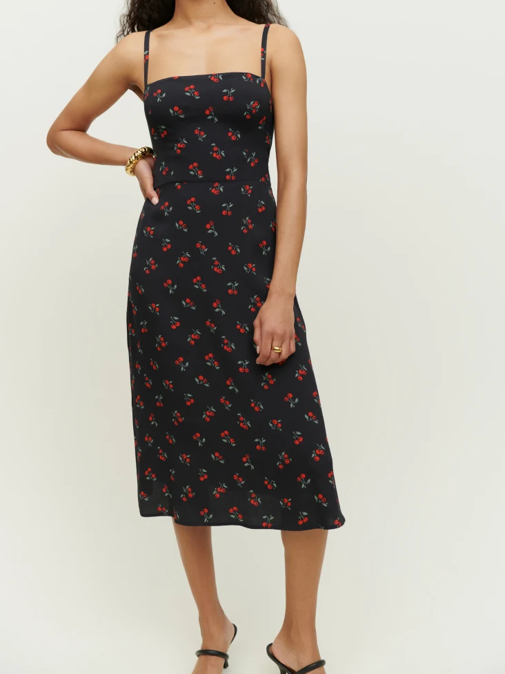 Cherry Print French Side Slit Mid-Length Dress