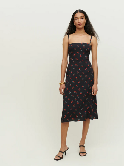 Cherry Print French Side Slit Mid-Length Dress